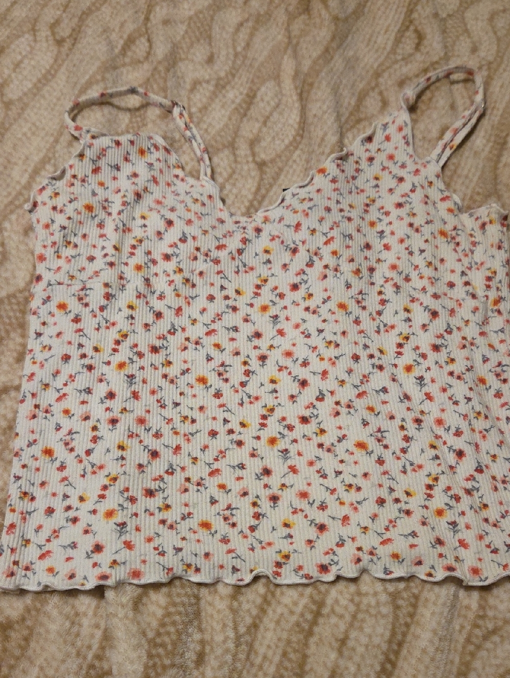 Forever 21 - Scallop-Edge Floral Ribbed Cami - White with Pink & Yellow Flowers